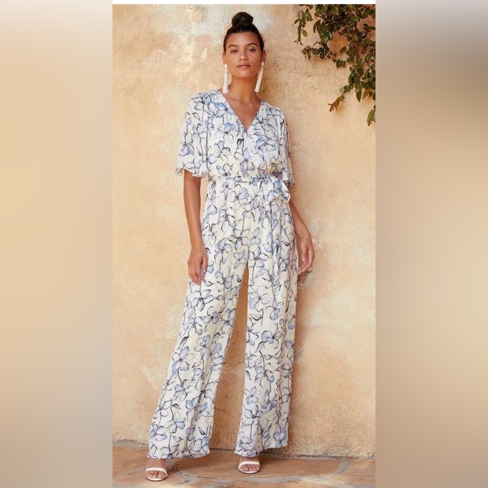 Lulu's True Masterpiece White Floral Print Satin Wide-Leg Jumpsuit xs